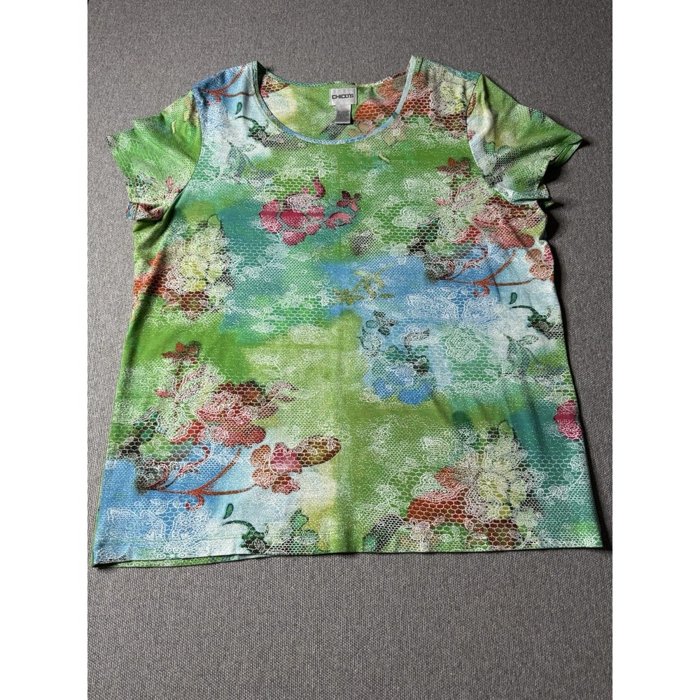Chico's Women's Green Floral Mesh Overlay Short Sleeve Top Size 3, US 16, Whimsy